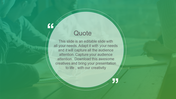 Quote slide with a green overlay, featuring text inside a circular frame over a blurred background of people.