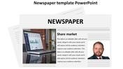 Newspaper format slide featuring a laptop showing graphs, with a headline and article text next to a portrait photo.