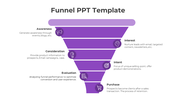 Purple funnel diagram labeled with six stages, each with icons and captions on both sides.