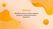 Abstract background in shades of orange with a motivational business quote about passion, purpose, and perseverance.