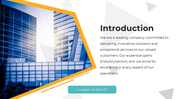 Slide with a cityscape photo and an introduction section detailing the company's mission, highlighted by a sleek layout.