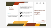 Tri-fold brochure slide with brown, orange, and yellow geometric shapes with multiple sections, captions, and icons.