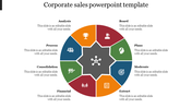 Colorful circular corporate sales slide with eight segments with icons and placeholder text.