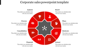 Corporate sales template featuring a central hub icon, with eight surrounding segments displaying different aspects.