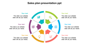 Circular sales plan slide featuring text sections and colorful icons for business growth and strategies.