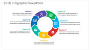 Colorful circular infographic slide with seven segments, each representing a different caption with icons.