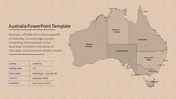 Australia map slide showing state boundaries and major cities, with a text box providing country details.