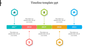 Horizontal timeline with five colored segments in teal, red, green, yellow, and blue, each with hexagonal icons.