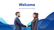 Business themed welcome slide featuring two professionals shaking hands, with a blue wave background.