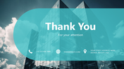 Slide with a modern glass building background and a teal overlay displaying text with contact icons.