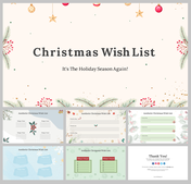 A pack of aesthetic Christmas wish list slides featuring designs with pine branches, ornaments, and red berries with text.