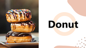 Donut-themed slide deck featuring a stack of donuts with colorful sprinkles and previews of slides on donut varieties.