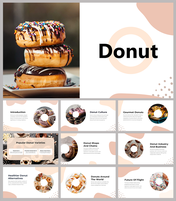 Donut-themed slide deck featuring a stack of donuts with colorful sprinkles and previews of slides on donut varieties.