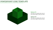 Green 3D cube structure in the center with two stacked layers, and labeled text options on the right.