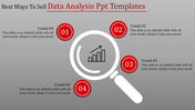 Data analysis template featuring a magnifying glass graphic, numbered sections, and placeholder blocks.