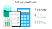 Health insurance form with checks, an IV bag, test tubes, and a calculator, with text sections on the right.