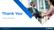 Thank You slide for presentations, highlighted by a blue and white color scheme and a handshake image.