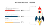 White rocket launching with red tip, black fins, and yellow flame, and three corresponding progress bars beside it.