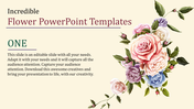 Elegant flower slide featuring pastel colored roses and foliage on a beige background with text on the left.