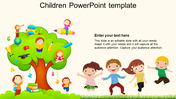 Colorful children-themed template featuring kids playing around a tree filled with educational icons and text area.