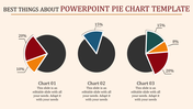 Three pie charts with segmented sections and percentage labels, each chart featuring placeholder text below.