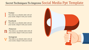 A megaphone illustration on the right, with a list of social media platforms  on the left side, each with customizable text.