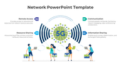 Green 5G graphic with blue radiating lines, surrounded by four colored nodes, and figures using digital devices like laptops.