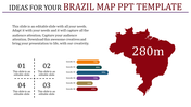 Brazil map in maroon with 280m label, colorful bar chart indicating growth percentages, and four numbered sections.