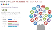 The data analysis slide has large text, a variety of icons above a person's silhouette, and color options at the bottom.