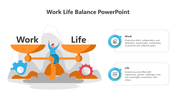 A slide showing work-life balance with a scale representing work and life, featuring a person balancing, with two text boxes.