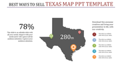 Map of Texas in dark grey with three colorful location markers with a percentage area and five numbered text on the right.