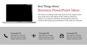 Business PowerPoint ideas slide featuring a laptop and three concepts highlighted with icons and placeholder text.