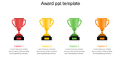 Colorful award PPT slide displaying four trophies in different colors with text placeholders for captions.