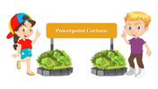 Slide featuring cartoon characters of a girl and a boy standing beside a labeled text with greenery at the base.