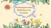 Cartoon animals under a smiling sun with a text for thank you slide in a fanciful bubble in a nature-themed background.