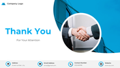 Professional thank you slide with a handshake graphic and company logo with business contact details at the bottom.