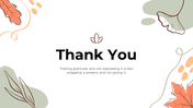 Minimalist thank you slide with gratitude message at center, adorned with colorful autumn leaves & pastel color accents.