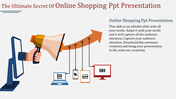 Illustration of online shopping concept with a megaphone projecting icons of a cart, barcode, and payment symbols.