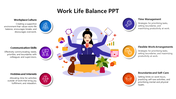 Illustration of a multitasking woman with a pet, encircled by six colorful sections about work life balance strategies.