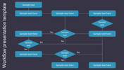 Workflow slide featuring a flowchart with multiple steps and decision points, including branches for various outcomes.