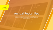 Annual report PowerPoint slide with a graph displaying data and the year 2020 in yellow.