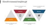 Executive summary template with four triangles for problem, solution, market, and mission, each with a caption area.