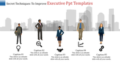 Professional business people with icons representing leadership techniques in an executive PowerPoint template.