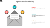 Email marketing slide featuring an envelope graphic and captions for content.