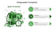 Green themed school items on left, including a backpack and clock, with three right aligned text sections and icons.