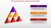 3D pyramid with colorful triangular sections, paired with three labeled steps in purple, orange, and red.