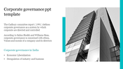 Corporate governance slide with a definition, ethical values, and a black and white image of a modern skyscraper.