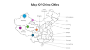 Illustrated map of China featuring key cities and their locations, marked by colorful dots for easy identification.