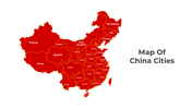 Detailed map of China slide showing various provinces and cities in red, with labeled regions on a white backdrop.