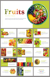 Colorful fruits slides with vibrant images of various fruits, highlighting nutrition, classification, and health benefits.